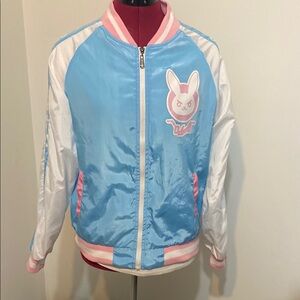 Overwatch Blue and White Bomber Jacket with D.VA Bunny Logo